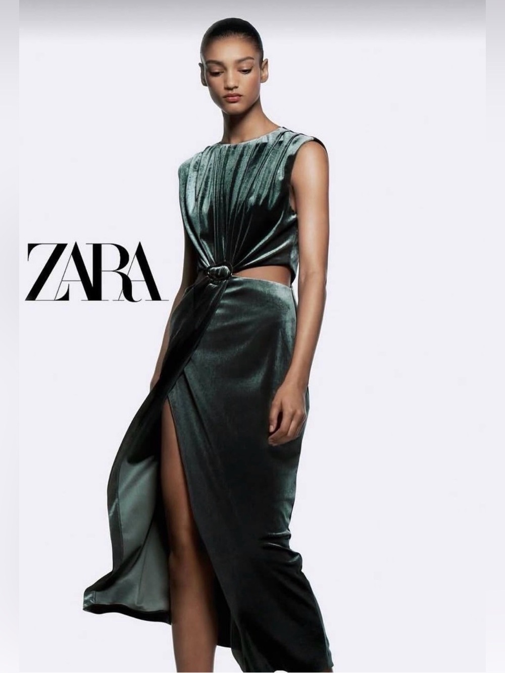 ZARA Dark Emerald Velvet High-Low Wrap Skirt with Side Ring